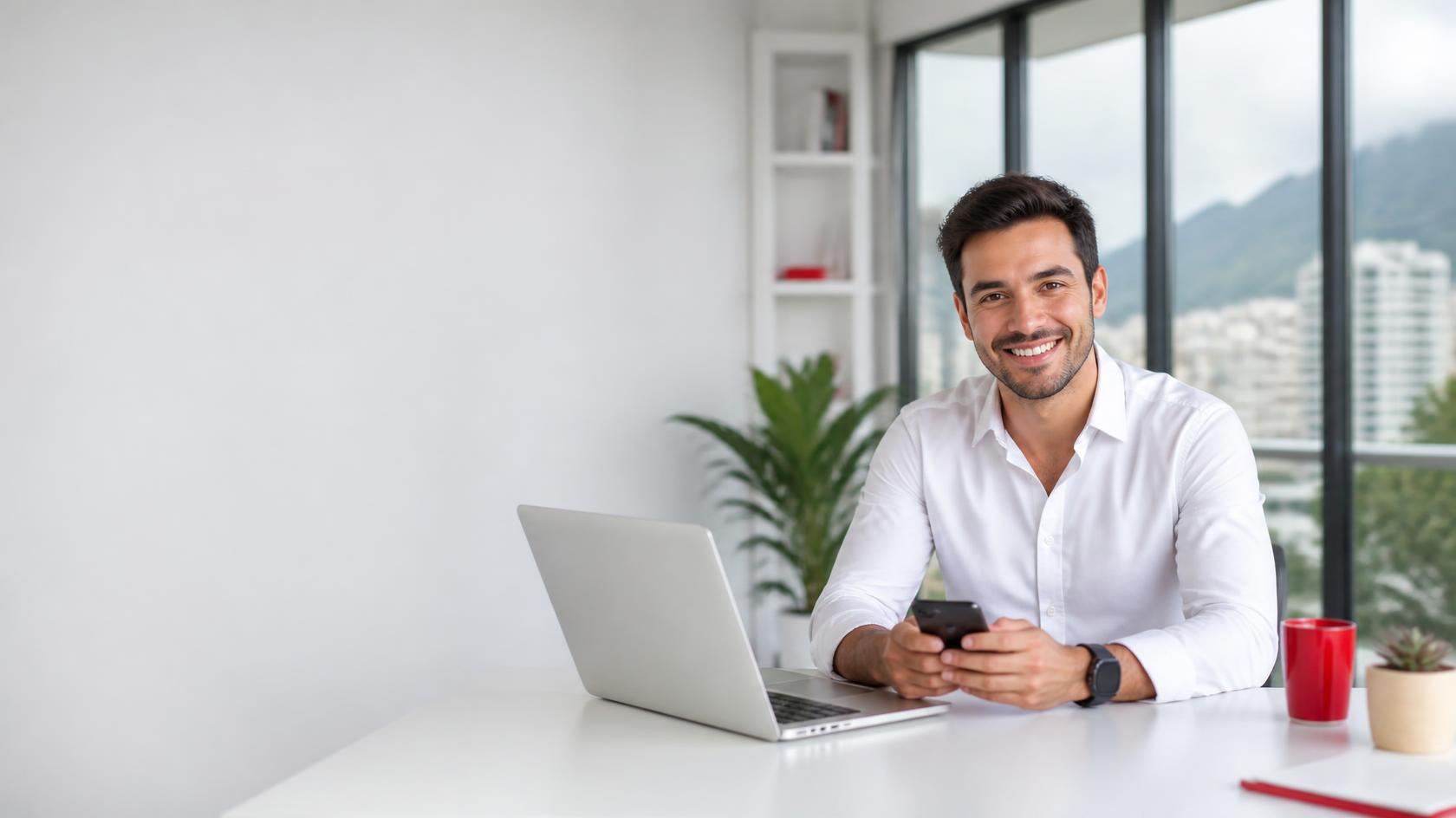 Emprendedor conectado con internet y líneas móviles para su negocio
